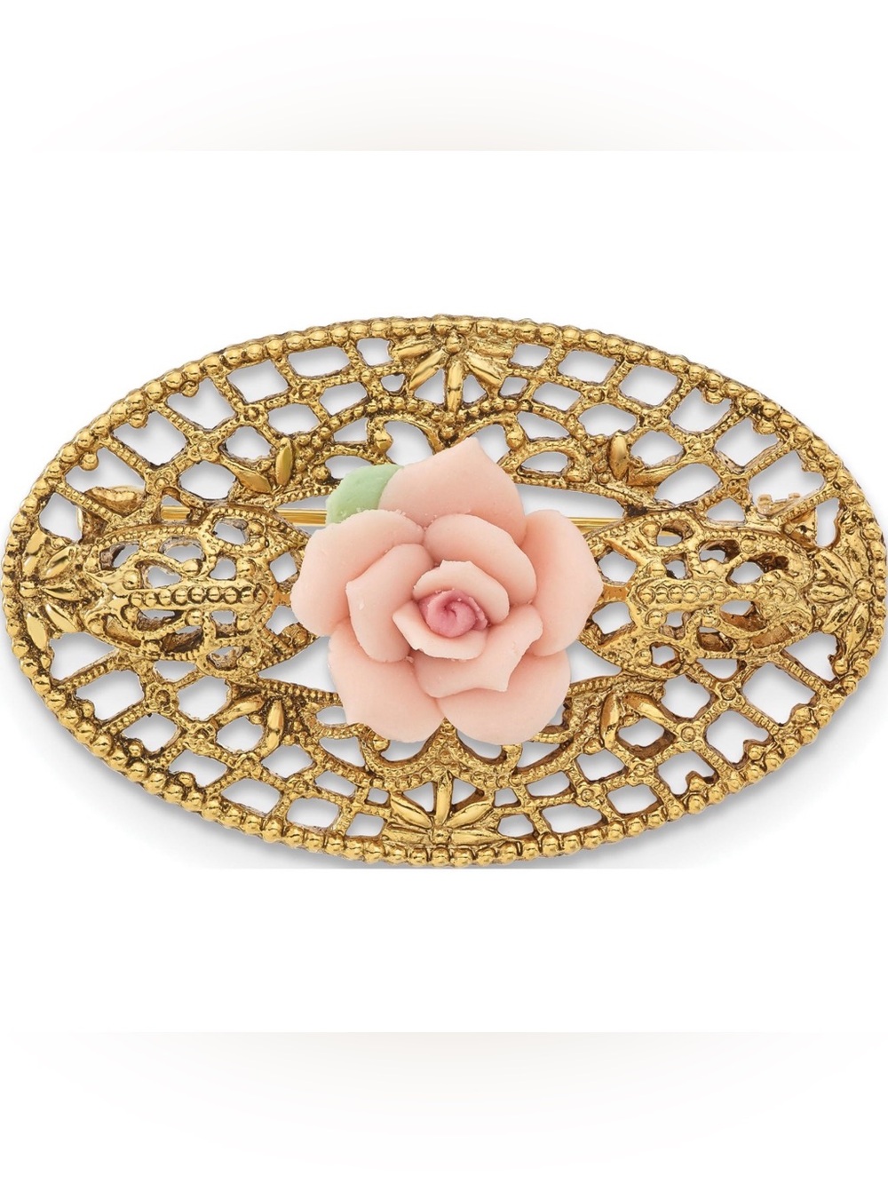 Vintage 1928 Jewelry Gold-Tone Filigree Pink
Rose Porcelain Flower Brooch